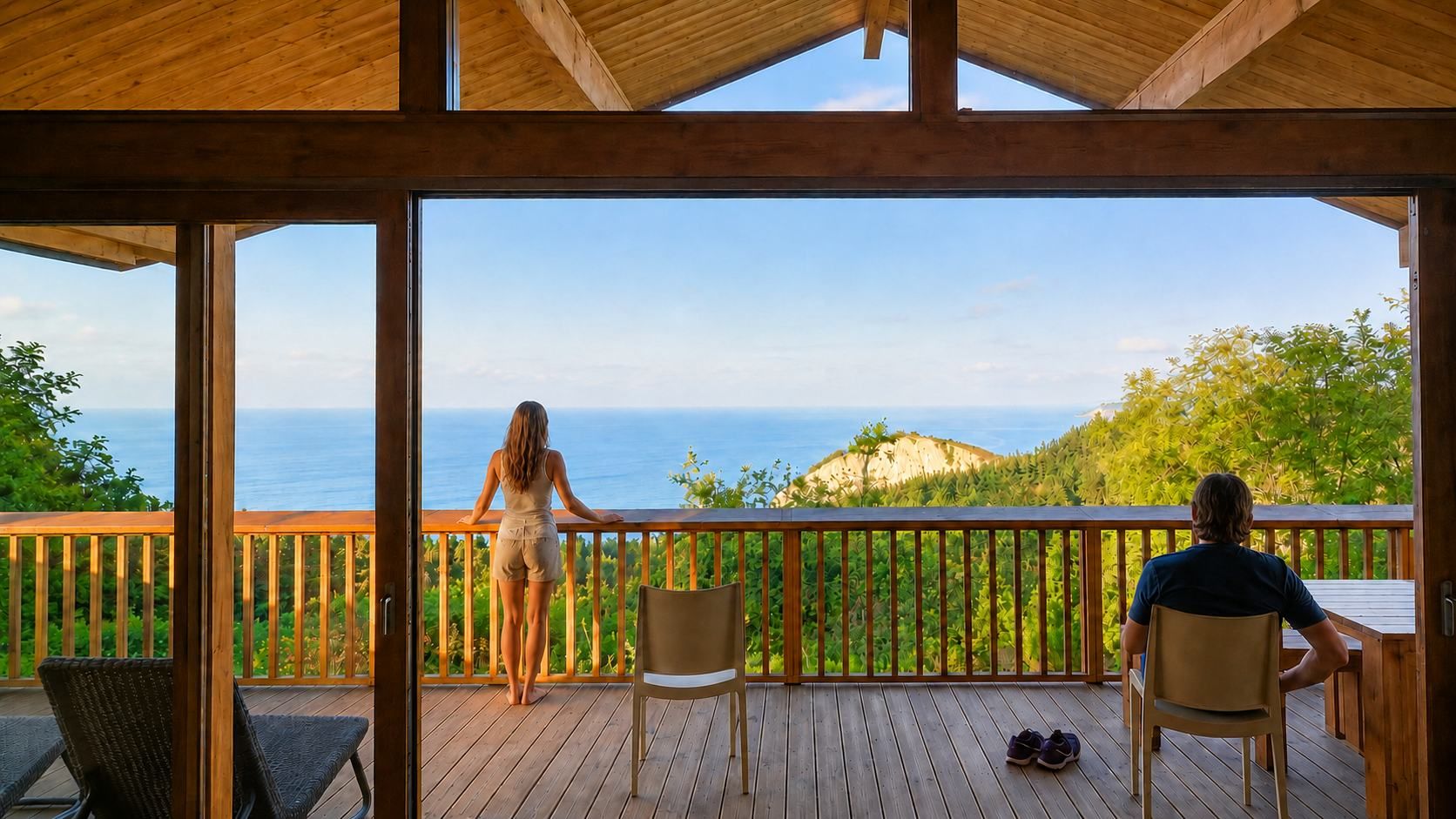 Pareja en la terraza de madera del Bungalow Natura con vistas al mar Cantábrico en Camping Itxaspe